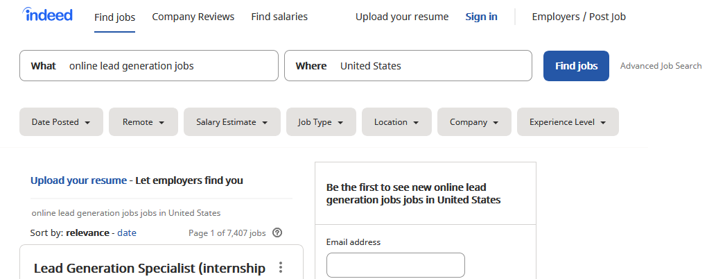 How many lead generation jobs are in United States