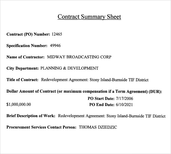 Summary of Agreement Sample